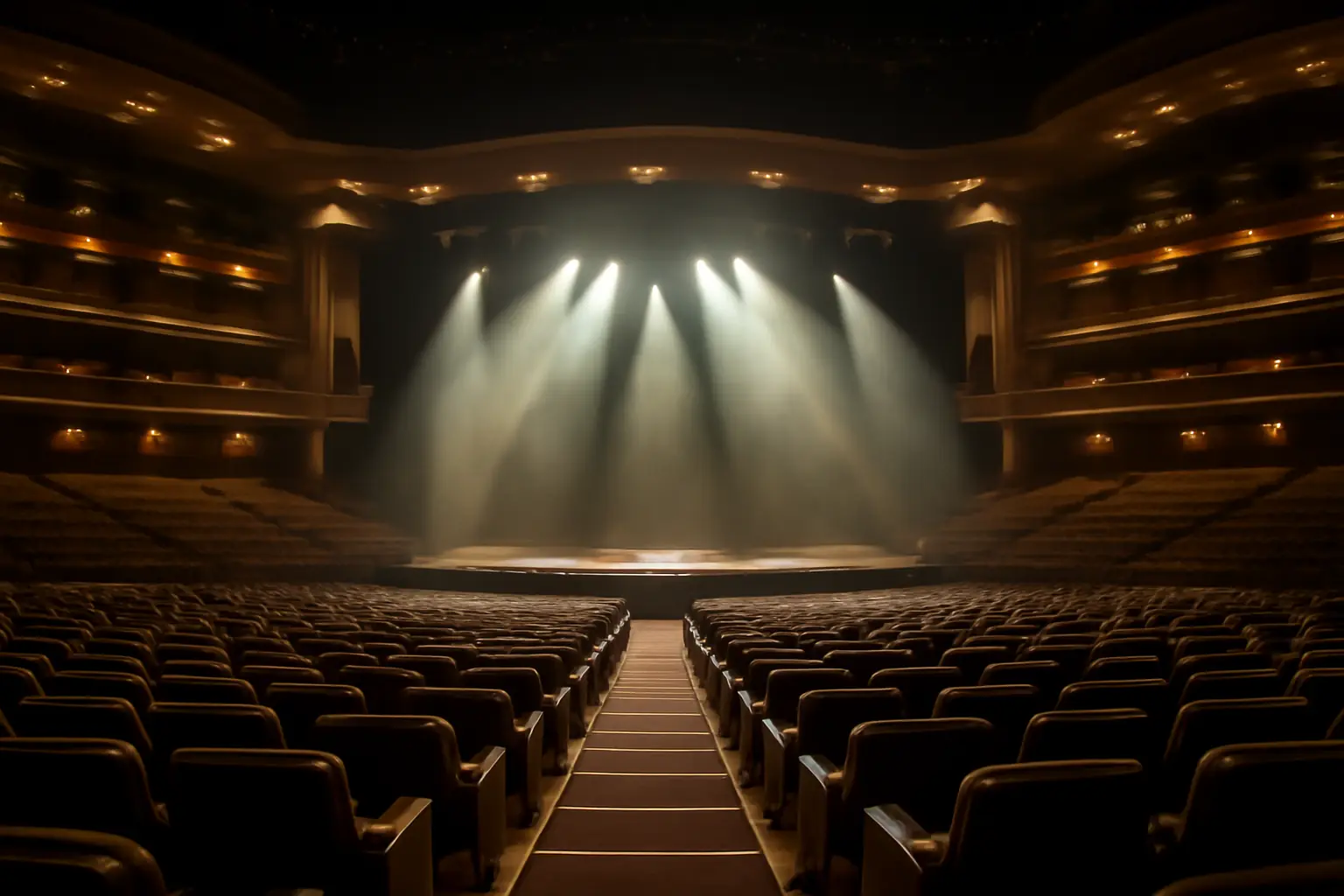 Concert arena with dramatic stage lighting