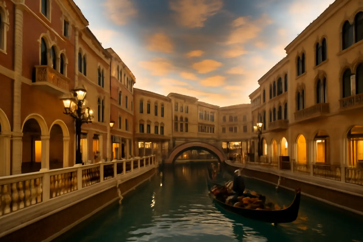 Grand canal interior with painted sky ceiling and warm arches